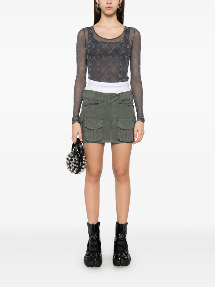 MOONOGRAM MESH FLOCK LS CROPPED TOP