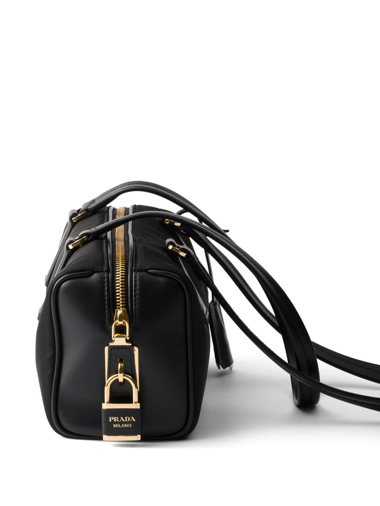 Re-Nylon and leather medium top-handle bag with padlock