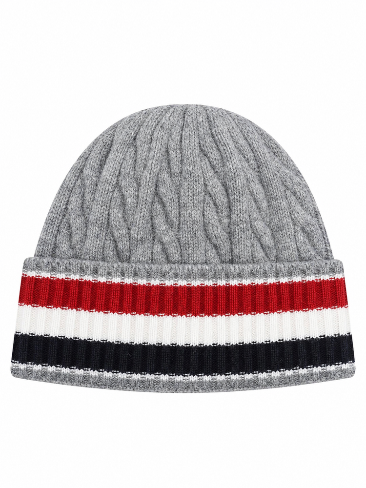 CABLE AND RIB BEANIE IN MERINO WOOL W/ RWB STRIPE