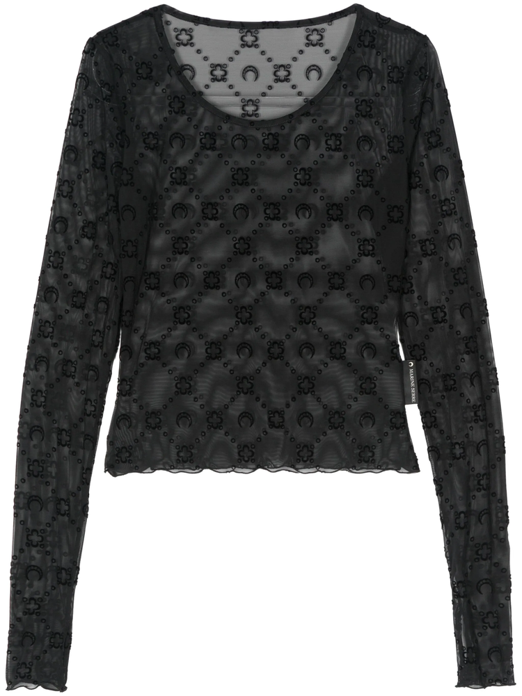 MOONOGRAM MESH FLOCK LS CROPPED TOP