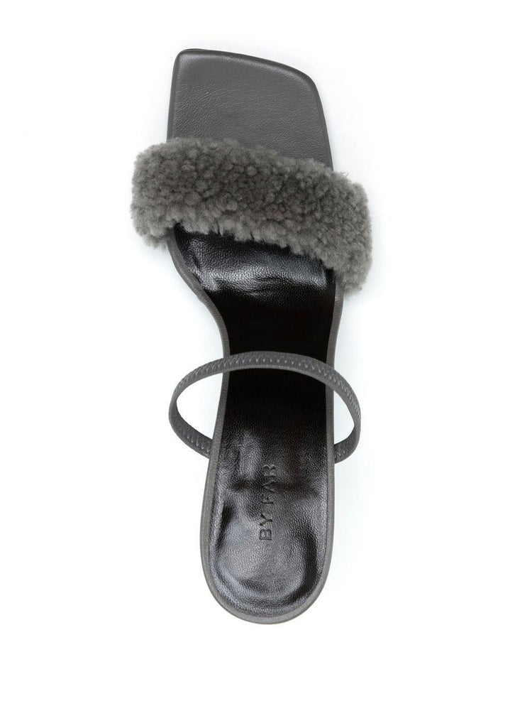 BY FAR shearling strap open toe heels