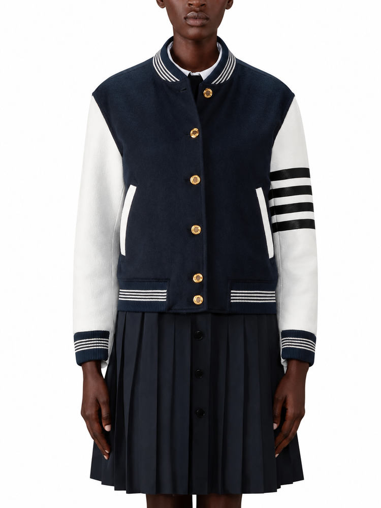 RELAXED FIT VARSITY JACKET W/LEATHER SLEEVES W/ APPLIQUE "BROWNE 65" WOOL AND FELT ZIG ZAG STITCH IN