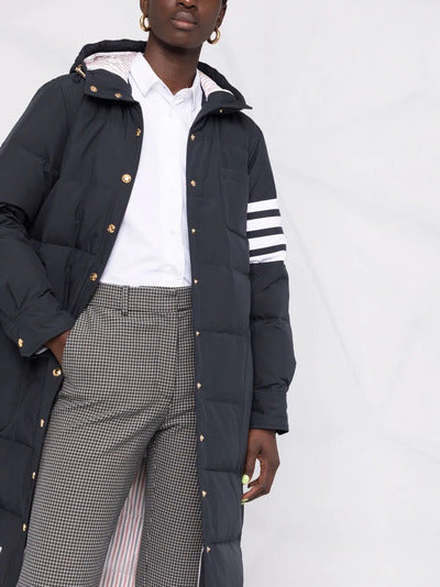 DOWN FILLED BELOW KNEE HOODED SHIRTDRESS W/ 4 BAR IN MILITARY RIPSTOP