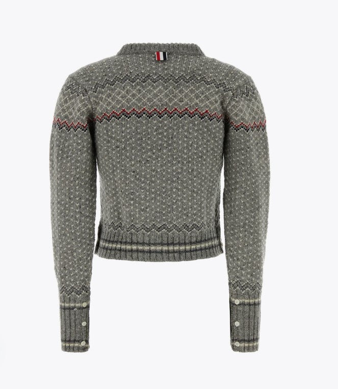 FAIRISLE JERSEY FLOAT JACQUARD CROPPED CREW NECK CARDIGAN IN DONEGAL