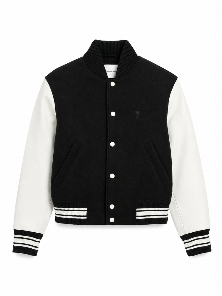 PADDED AMI PARIS TEDDY JACKET WITH LEATHER SLEEVES