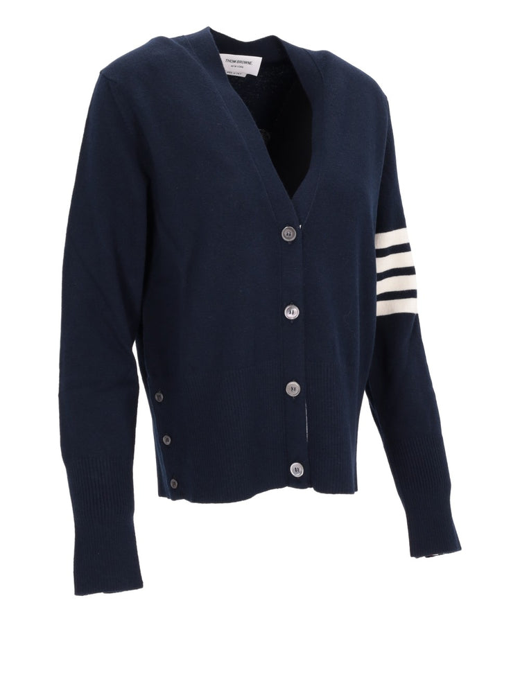 HOLIDAY MR AND MRS THOM JERSEY INTARSIA CLASSIC V NECK CARDIGAN IN MERINO WOOL W/ 4 BAR STRIPE