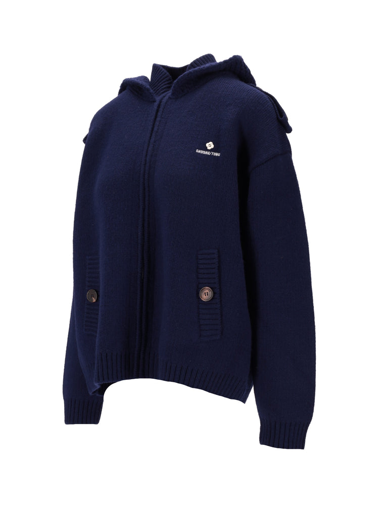 Double Collar Zip-Up Knit Jacket