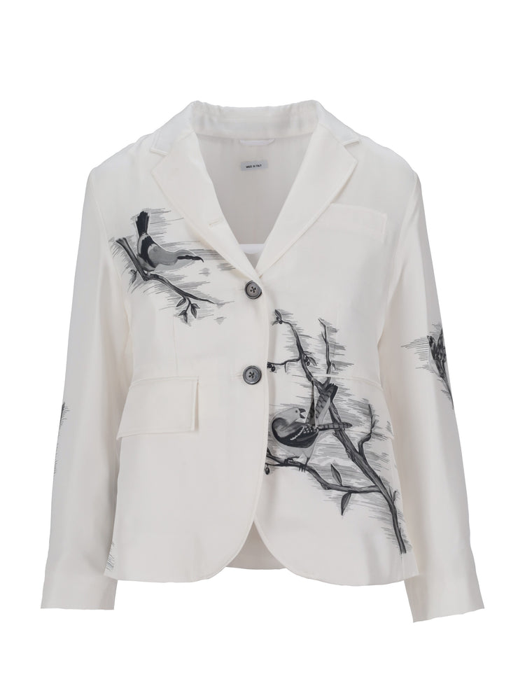 FIT 3- HIGH ARMHOLE SPORTCOAT (UNCONSTRUCTED) IN ENGINEERED BIRD TOILE PRINTED SILK TWILL