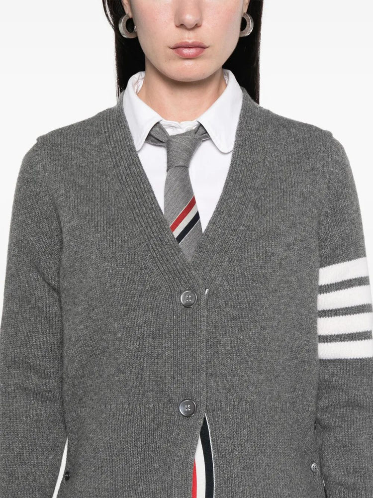 GEESE JERSEY INTARSIA BOXY V NECK CARDIGAN IN MERINO WOOL W/ 4 BAR STRIPE