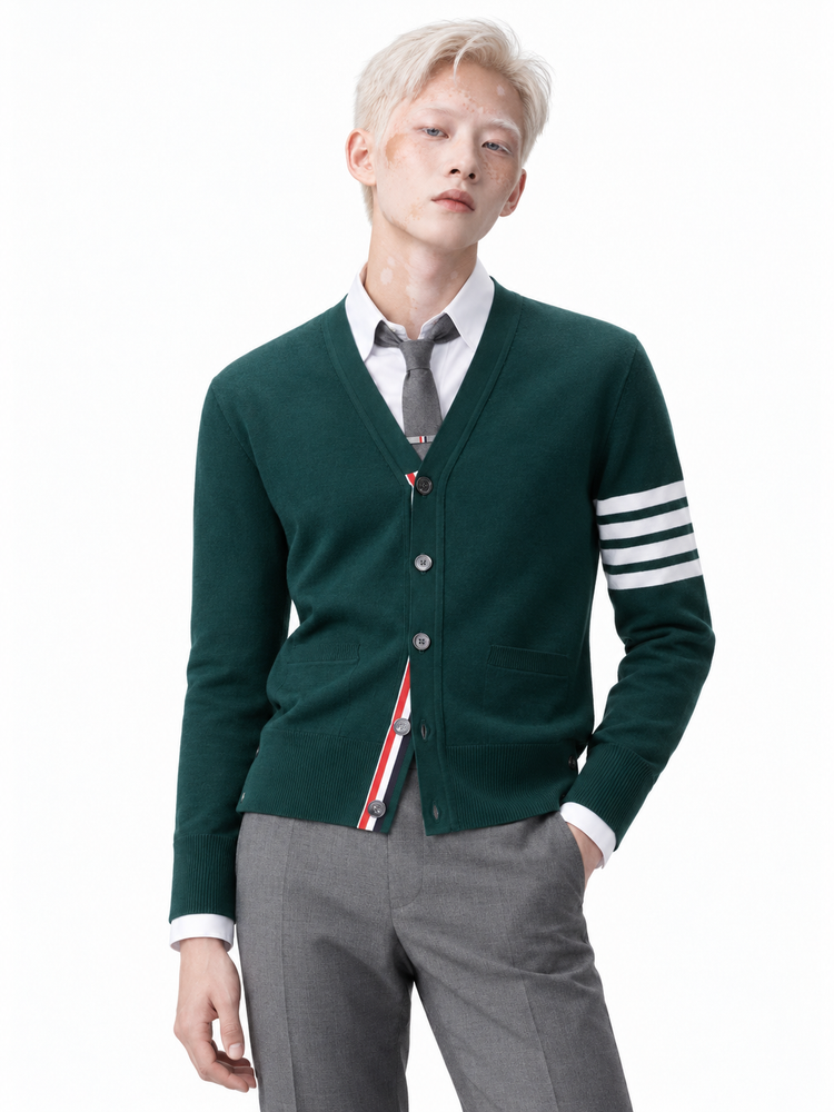 CLASSIC V-NECK CARDIGAN IN FINE MERINO WOOL W/ 4BAR STRIPES
