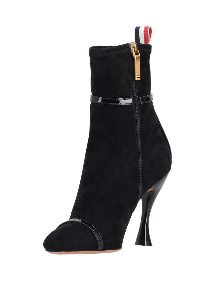 TROMPE L'OEIL 4-BAR SANDAL ANKLE BOOT W/ 105MM ROUND CURVED HEEL IN STRETCH SOFT SUEDE