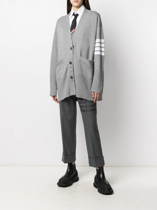 EXAGGERATED FIT V NECK CARDIGAN W/ 4 BAR STRIPE IN FINE MERINO WOOL