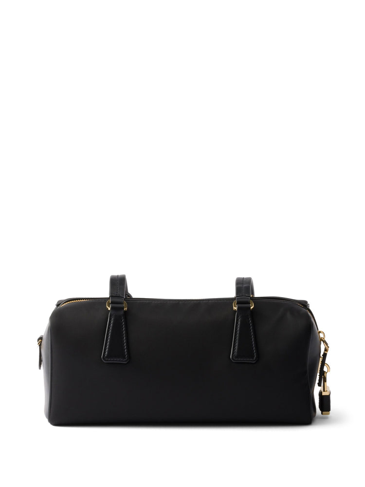 Re-Nylon and leather medium top-handle bag with padlock