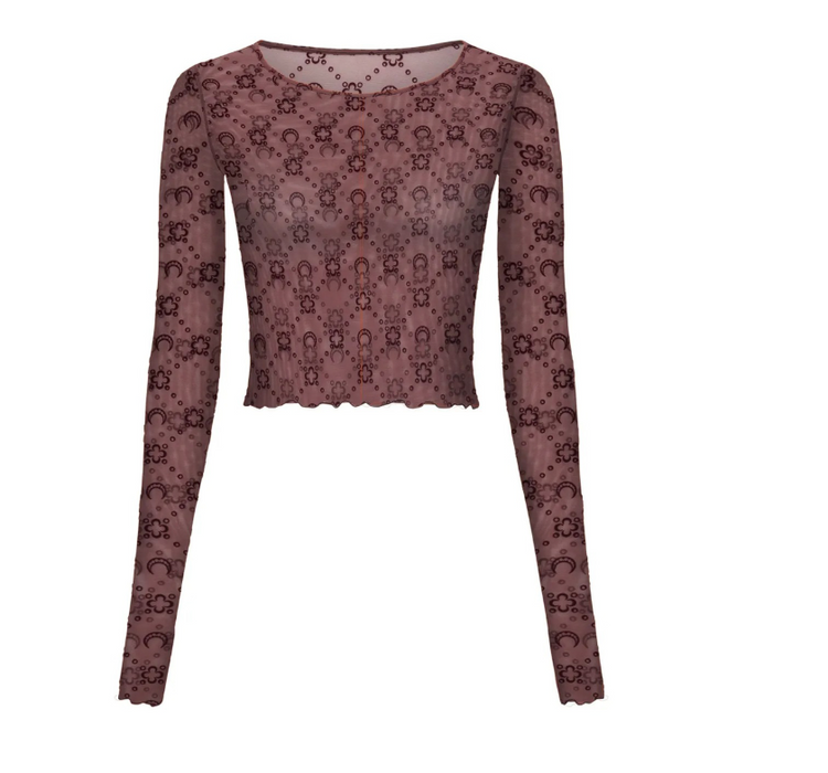 MOONOGRAM MESH FLOCK LS CROPPED TOP