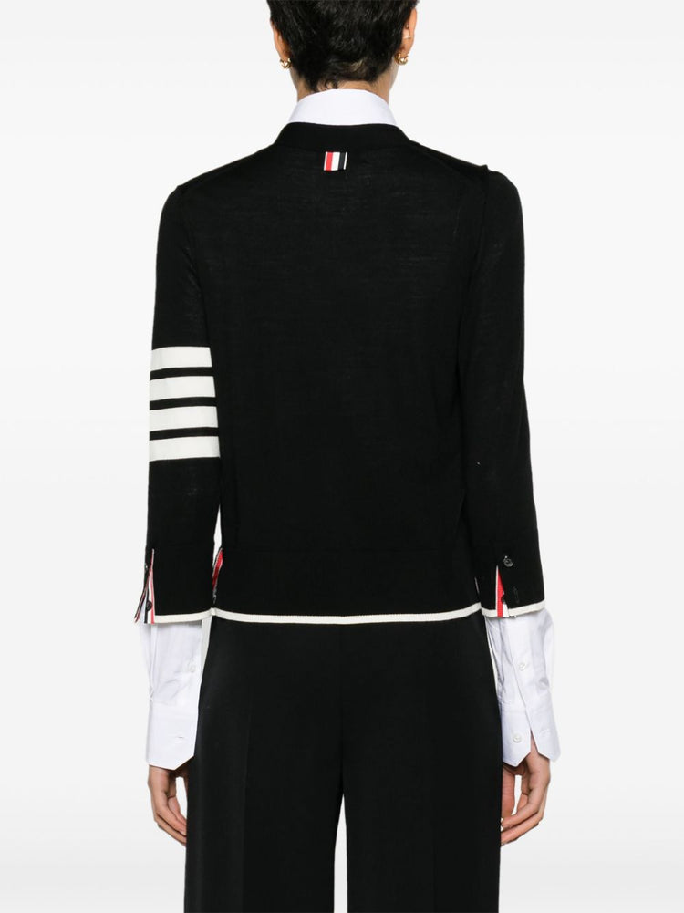 RELAXED FIT V NECK CARDIGAN W/ 4 BAR STRIPE IN FINE MERINO WOOL W/ TIPPING