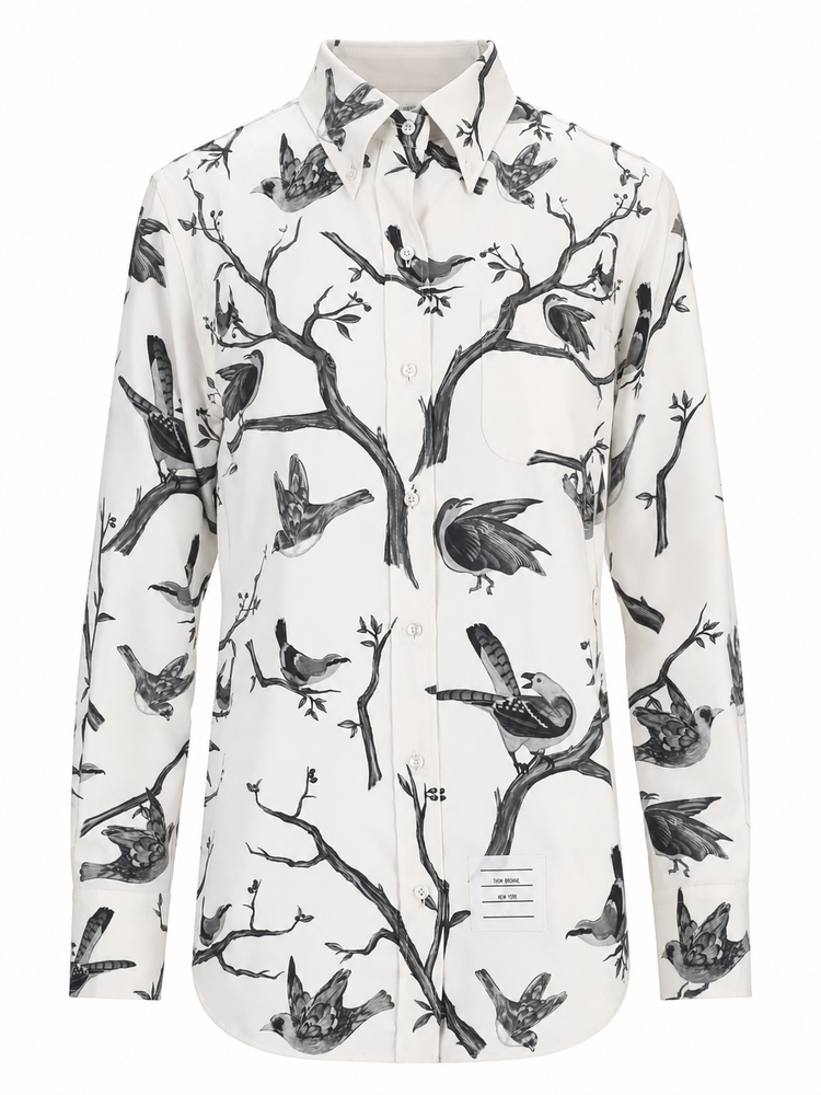 CLASSIC LONG SLEEVE BUTTON DOWN POINT COLLAR SHIRT IN ENGINEERED BIRD TOILE PRINTED SILK TWILL