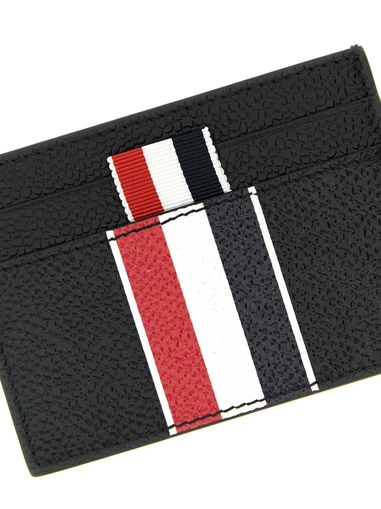 DOUBLE SIDED CARD HOLDER W/ RWB STRIPE IN PEBBLE GRAIN LEATHER
