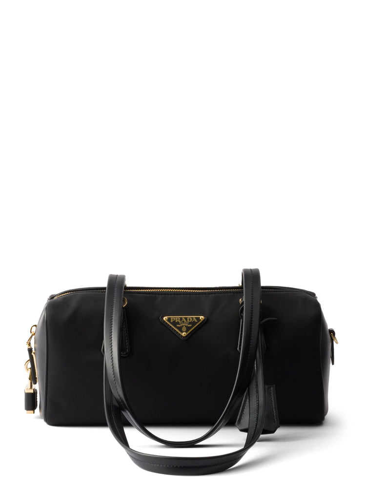 Re-Nylon and leather medium top-handle bag with padlock