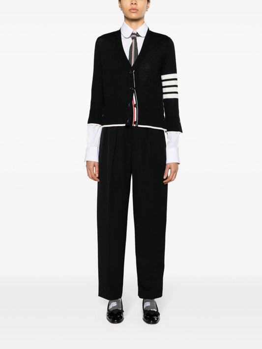 RELAXED FIT V NECK CARDIGAN W/ 4 BAR STRIPE IN FINE MERINO WOOL W/ TIPPING