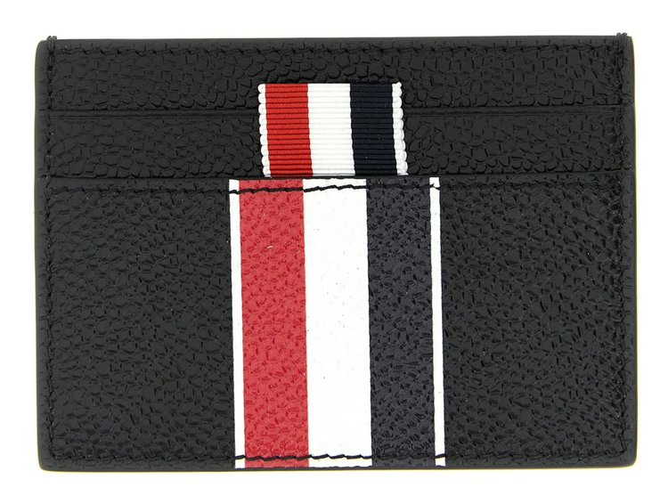 DOUBLE SIDED CARD HOLDER W/ RWB STRIPE IN PEBBLE GRAIN LEATHER