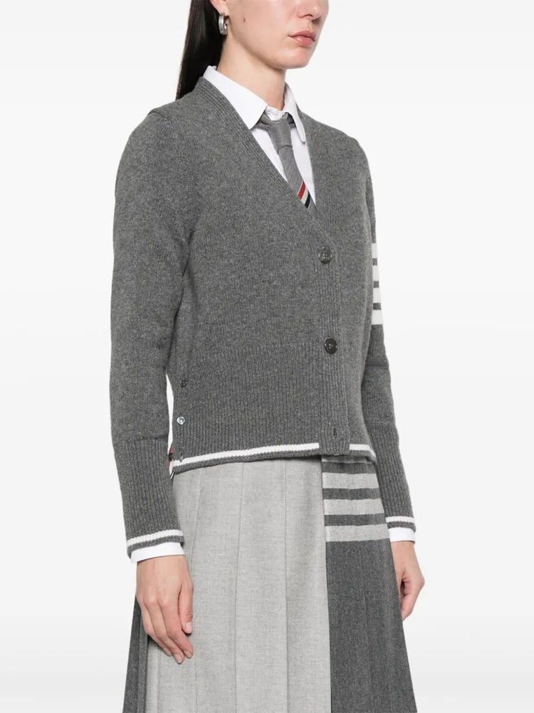 GEESE JERSEY INTARSIA BOXY V NECK CARDIGAN IN MERINO WOOL W/ 4 BAR STRIPE