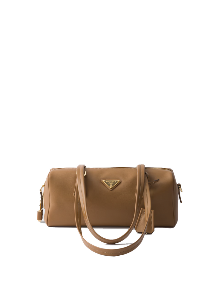 Re-Nylon and leather medium top-handle bag with padlock