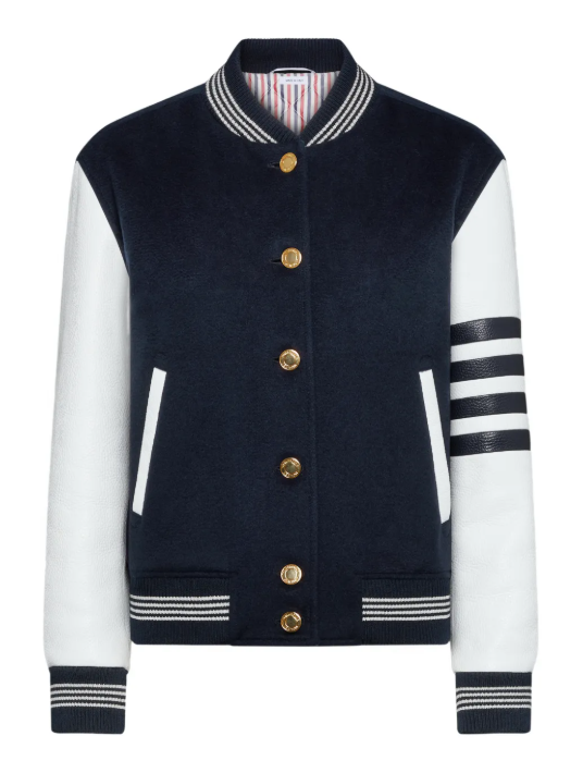 RELAXED FIT VARSITY JACKET W/LEATHER SLEEVES W/ APPLIQUE "BROWNE 65" WOOL AND FELT ZIG ZAG STITCH IN