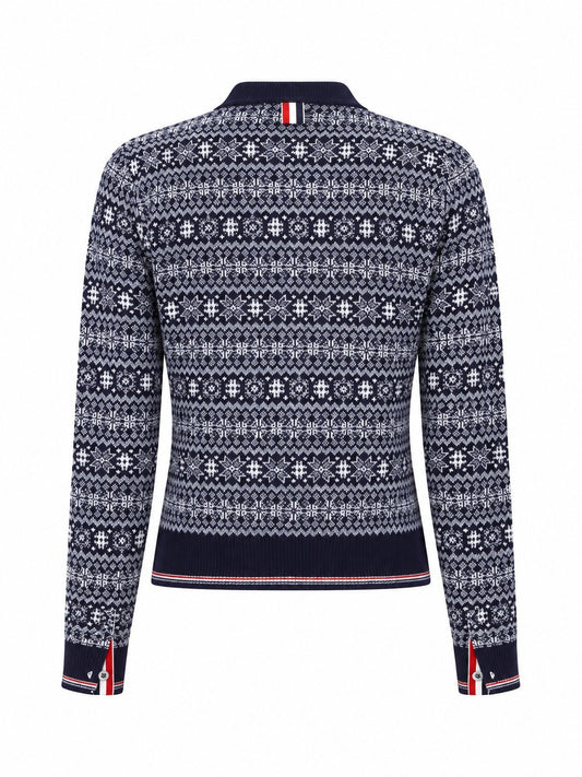 SNOWFLAKE FAIRISLE JERSEY FLOAT JACQUARD CREWNECK CARDIGAN IN FINE MERINO WOOL