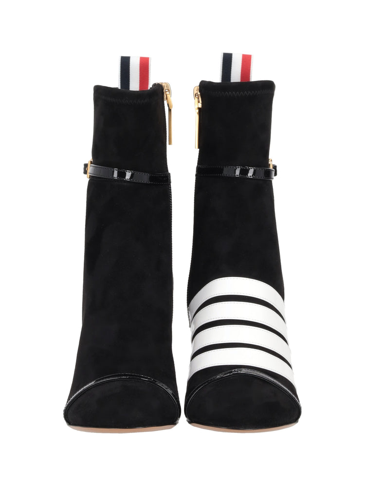 TROMPE L'OEIL 4-BAR SANDAL ANKLE BOOT W/ 105MM ROUND CURVED HEEL IN STRETCH SOFT SUEDE