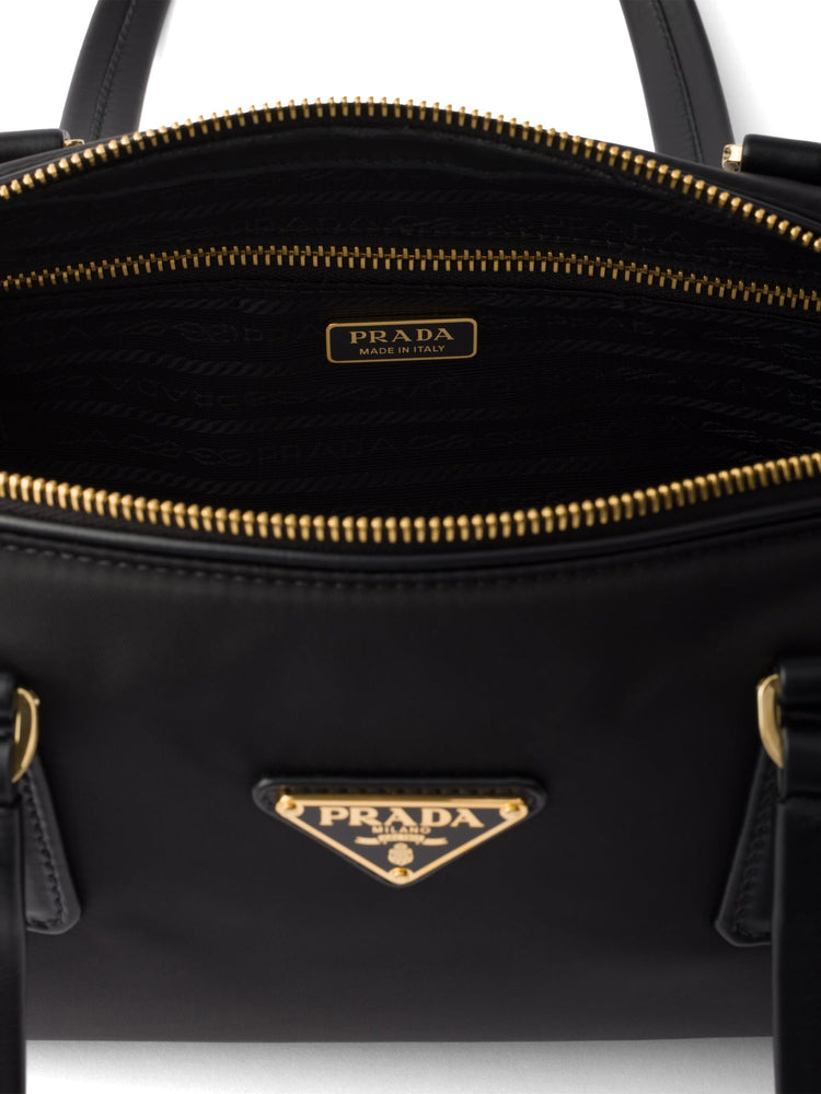 Re-Nylon and leather medium top-handle bag with padlock
