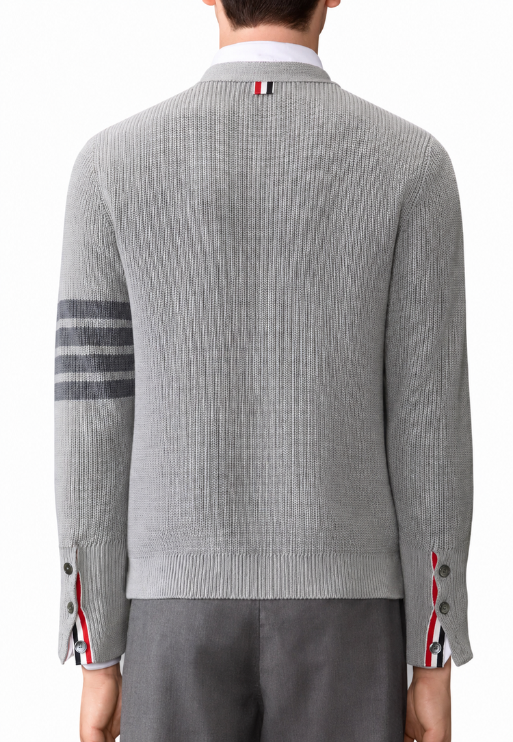 GARMENT DYE CARDIGAN STITCH V NECK CARDIGAN IN COTTON W/ TONAL 4 BAR STRIPE
