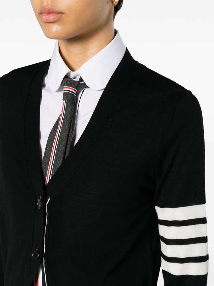 RELAXED FIT V NECK CARDIGAN W/ 4 BAR STRIPE IN FINE MERINO WOOL W/ TIPPING