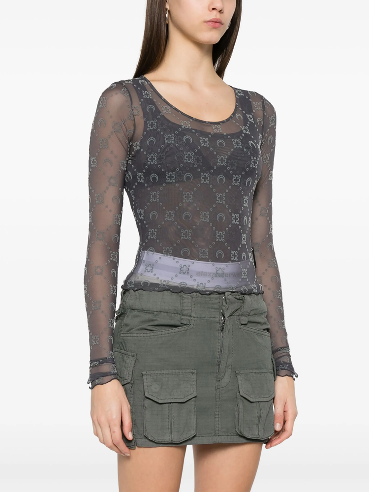 MOONOGRAM MESH FLOCK LS CROPPED TOP