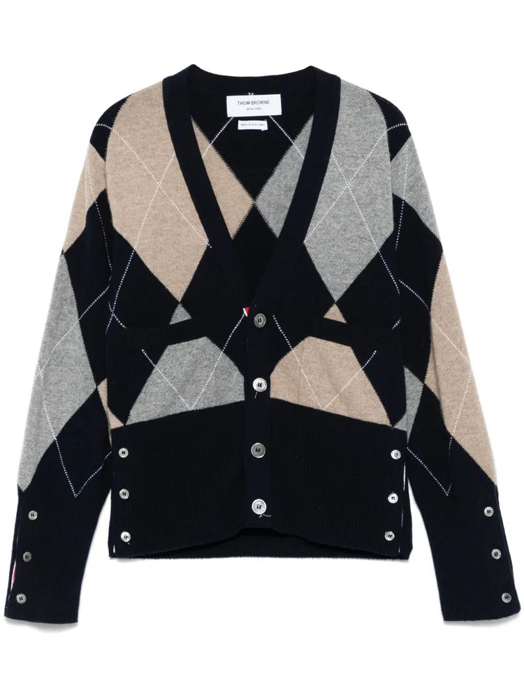 ARGYLE JERSEY INTARSIA CLASSIC V NECK CARDIGAN IN CASHMERE