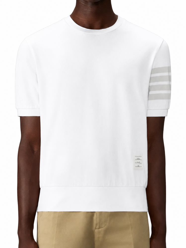 GARMENT DYED SHORT SLEEVE RIB CUFF TEE IN MED WEIGHT JERSEY W/ OVERDYED 4 BAR