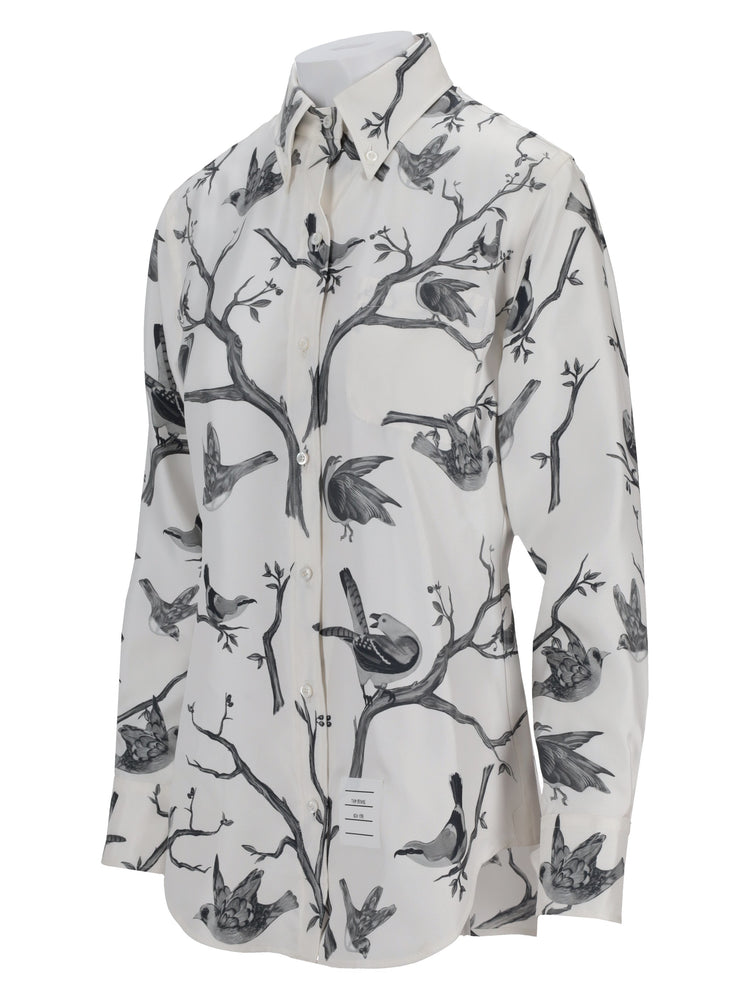 CLASSIC LONG SLEEVE BUTTON DOWN POINT COLLAR SHIRT IN ENGINEERED BIRD TOILE PRINTED SILK TWILL