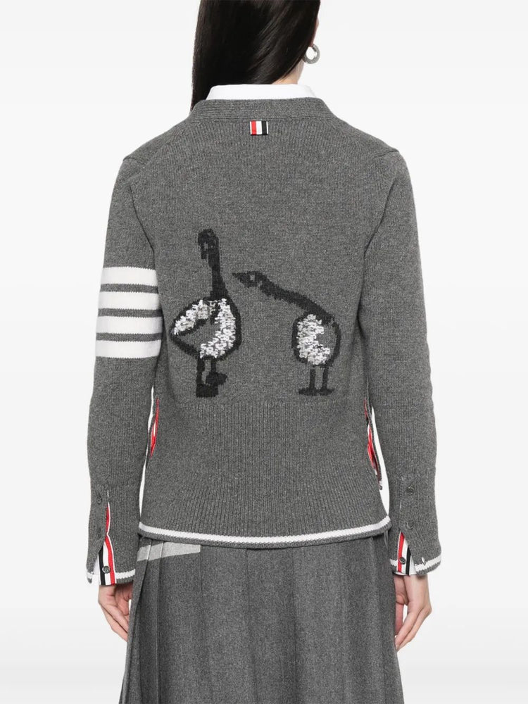 GEESE JERSEY INTARSIA BOXY V NECK CARDIGAN IN MERINO WOOL W/ 4 BAR STRIPE