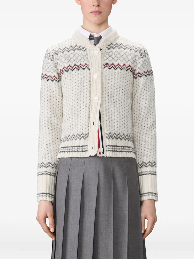 FAIRISLE JERSEY FLOAT JACQUARD CROPPED CREW NECK CARDIGAN IN DONEGAL