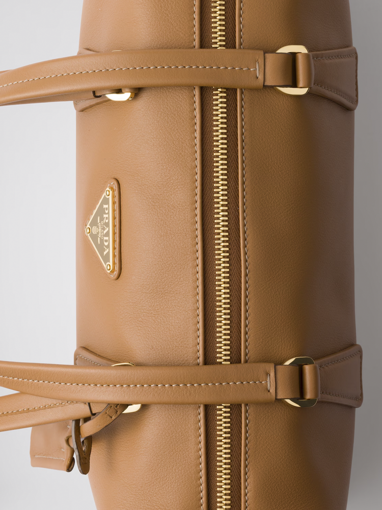 Re-Nylon and leather medium top-handle bag with padlock