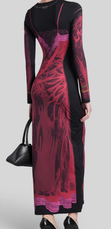 WET NUISETTE PRINTED JERSEY LS LONG DRESS