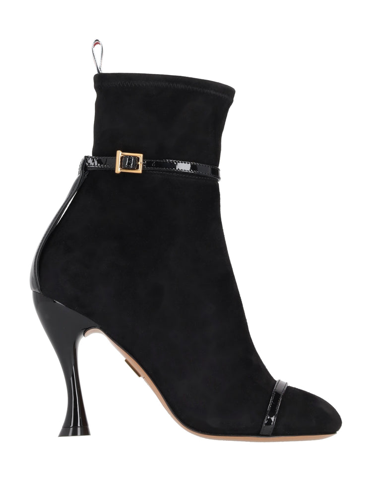 TROMPE L'OEIL 4-BAR SANDAL ANKLE BOOT W/ 105MM ROUND CURVED HEEL IN STRETCH SOFT SUEDE