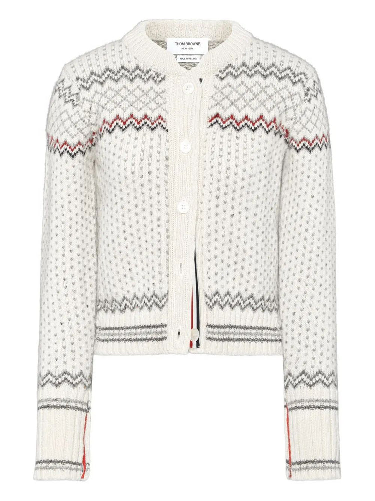 FAIRISLE JERSEY FLOAT JACQUARD CROPPED CREW NECK CARDIGAN IN DONEGAL