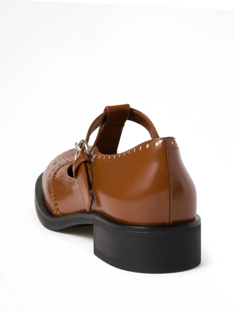 Brushed leather T-strap brogue shoes