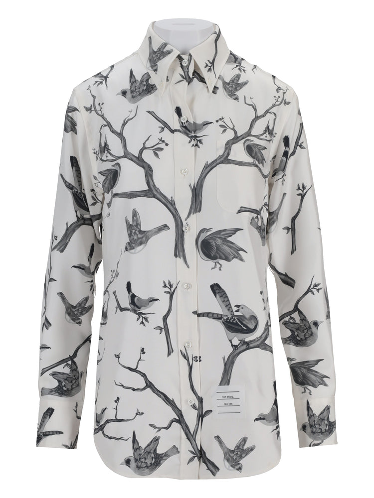 CLASSIC LONG SLEEVE BUTTON DOWN POINT COLLAR SHIRT IN ENGINEERED BIRD TOILE PRINTED SILK TWILL