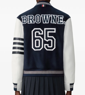 RELAXED FIT VARSITY JACKET W/LEATHER SLEEVES W/ APPLIQUE "BROWNE 65" WOOL AND FELT ZIG ZAG STITCH IN