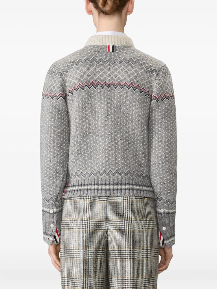 FAIRISLE JERSEY FLOAT JACQUARD CROPPED CREW NECK CARDIGAN IN DONEGAL