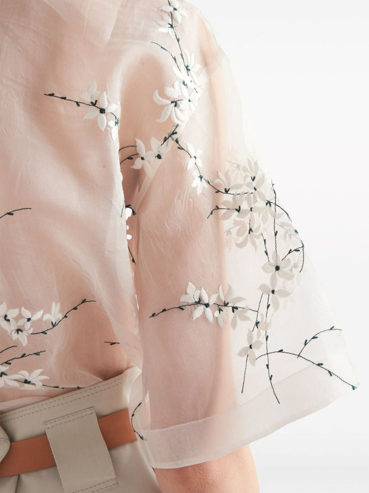 floral-embroidered short-sleeved sheer shirt