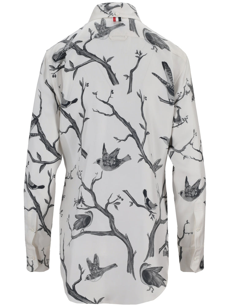 CLASSIC LONG SLEEVE BUTTON DOWN POINT COLLAR SHIRT IN ENGINEERED BIRD TOILE PRINTED SILK TWILL