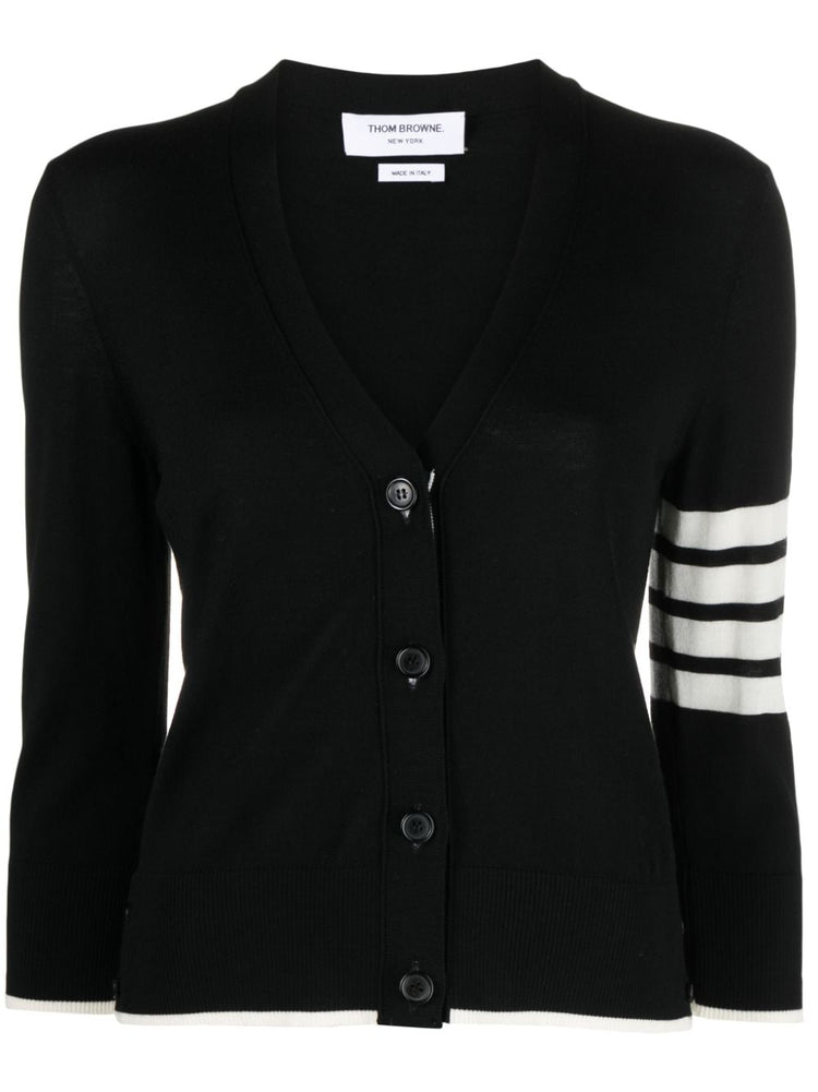 RELAXED FIT V NECK CARDIGAN W/ 4 BAR STRIPE IN FINE MERINO WOOL W/ TIPPING