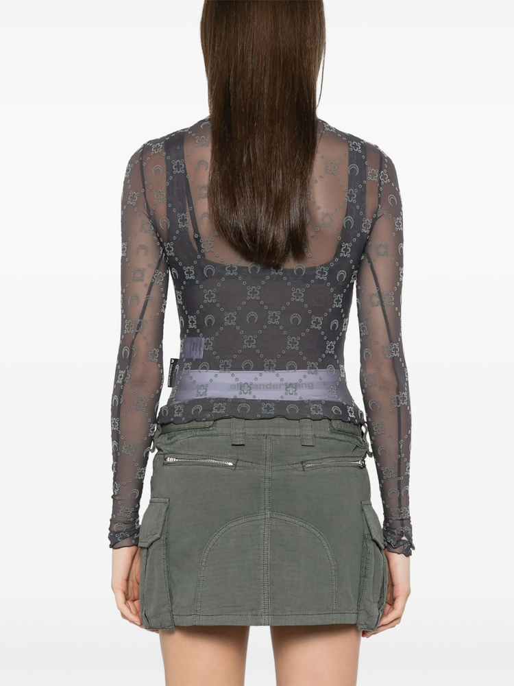 MOONOGRAM MESH FLOCK LS CROPPED TOP